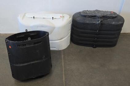 A-Frame Trailer Storage Boxes & LP Gas Tank Covers (Black/White), Steel 15" Trailer Wheel, 5-Lug