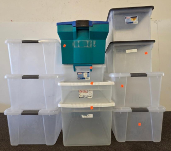 Lot Of 10 Sterilite 30 Qt Clear Storage Bins With Lids, Stackable, 1 Tool Box Tote Included