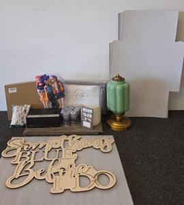 Mixed Home Decor Lot: Wooden Wedding Sign, Retro Lamp, Bedding, Dolls, Craft Supplies, Boxes (Shelf T)