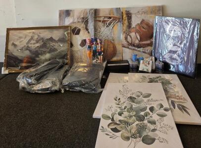 Large Lot Of Framed & Unframed Canvas Wall Art Prints, Sports & Botanical, Plus Accessories