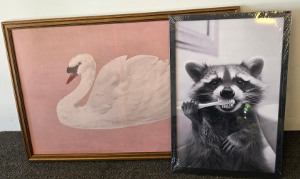 Framed Swan Art Print & Black-and-White Raccoon Brushing Teeth Wall Decor