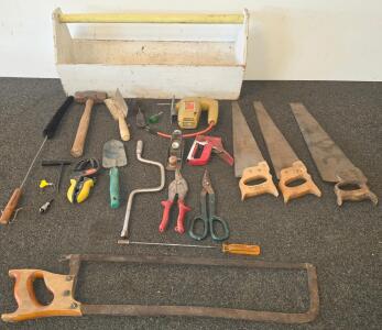 Vintage Hand Tool Set With Wooden Toolbox, Includes Saws, Functioning Jig Saw, Shears, Along With Assorted Tools