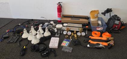 Mixed Lot Tools Electronics Cords Fire Extinguisher Heater Straps Gauges Bulbs Sony Headphones, The Red Electric Fan Is Functioning But No Other Electronic Device Was Able To Be Properly Tested