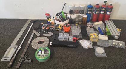 Workshop Tool And Fastener Lot: Bernzomatic Cylinders, Cross Slide Table, Hand Tools, Organizers