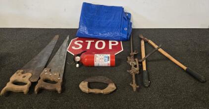 Vintage Tool Lot: Hand Saws, Bolt Cutters, Bar Clamp, STOP Sign, Fire Extinguisher, Tarp (P)