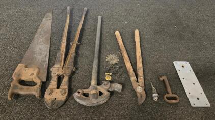 Vintage Tool Lot: Hand Saw, Bolt Cutters, Pipe Bender, Shears, Brass Hardware, Lock Key (S)