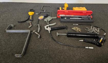Mixed Tool Bundle: Torque Wrenches, Grease Guns, DeWalt Door Lock Kit, Brackets, Pins (S)