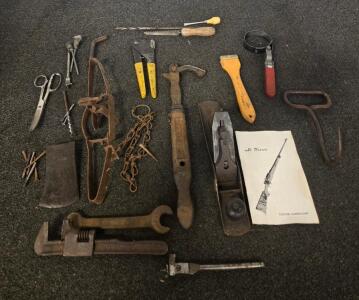 Vintage Tool Lot: Stanley Plane, Smith Stone Wrench, Trap, Axe Head, Oil Filter, 20+ Items (Q)