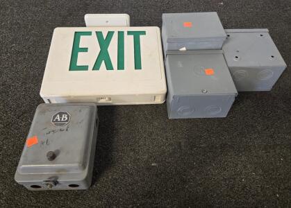 Mixed Lot Electrical Junction Boxes & Lithonia Exit Sign, Steel & Plastic, 6 Pieces
