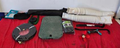 Large Garden Supply Lot: Hoses, Sprinkler, Downspout Extensions, Landscape Fabric, Tools, Covers