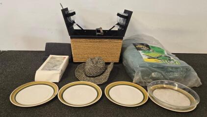 Picnic Set with Basket, Monroe Foam Cot Pad, Plates, Glasses, Hat, Fabric, And Ornaments (O)