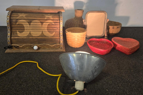 Rustic Basket Decor Lot&mdash;Wooden Bread Box, Heart Baskets, Wicker Vase, Lamp, And More (R)