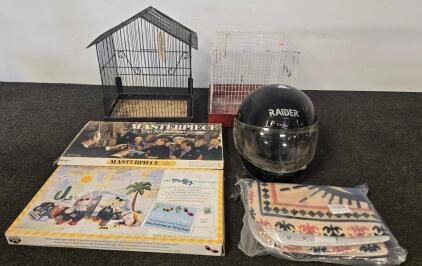 Vintage House-Shaped Metal Birdcage with Removable Wooden Base, Masterpiece: The Art Auction Game, Rider Helmet And More.