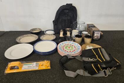 Large Household Lot: 20+ Ceramic Plates & Bowls, 6 Mugs, Backpack, Tool Belt, Light Switches, Shoes (O)