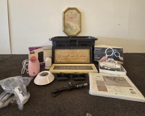 Huge Mixed Lot: Netgear AC1750 Modem (Unable To Test), Rug Pad, Verizon Bases (Unable To Test), Space Pong, Art, Steamer (Tested), Mixer (Tested)