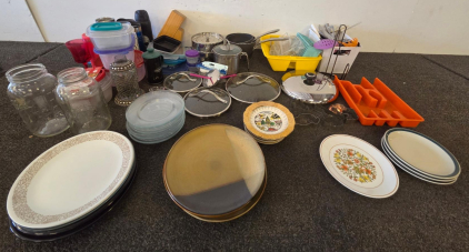 Large Assorted Kitchenware Lot &ndash; Plates, Containers, Glassware, Tools, 40+ Pieces, Mixed Materials