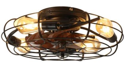 Loheer 19.7" Industrial Caged Flush Mount Ceiling Fan with Light, Remote Control, Reversible DC Motor