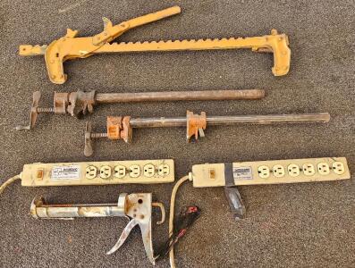 Assorted Tool Lot: SL Waber Power Strips, Pipe Clamps, Load Binder, Caulking Gun