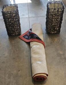 Rustic Wicker Table Lamps (Pair, both tested and work), 24" H with Star Pattern Area Rug 6'x2.5' Americana Style
