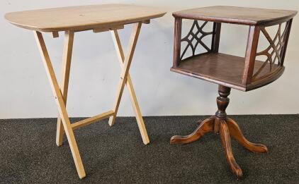 Vintage Revolving Bookcase Table w/ Fretwork & Pedestal Base + Folding Wood TV Tray Set