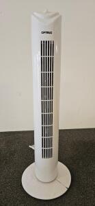 Optimus 32" Tower Fan, Model F-8449WH-F, 3-Speed, Oscillating, 120V, 45W, White, Timer Function (tested, works)