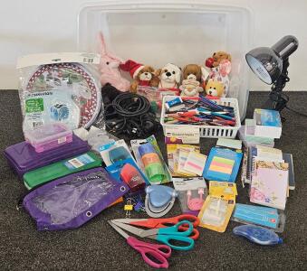 Large Office & School Supply Lot &ndash; 95+ Items, Sterilite Bin, Lamp, Plush Toys, Sealed & Loose