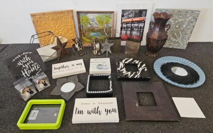 Assorted Home Decor Lot: Wall Art, Metal Accents, Mirrors, Figurines, Vases, Trays, Lanterns