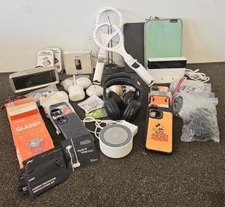 Wii Controllers, White Noise Sleep Machine (tested, works), Headphones, 10 Phone Cases, Screen Protectors, and More