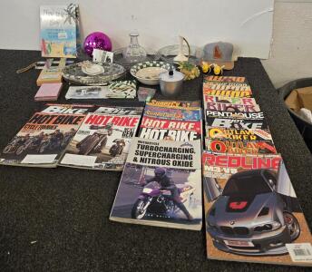 Mixed Lot: Hot Bike & Redline Magazines, Kitchenware, D&eacute;cor, Glassware, Idaho Hat, Mom-osa Sign