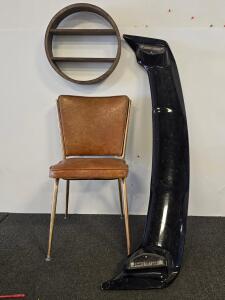 Retro Metal Chair, Universal Car Rear Wing Spoiler, 18" Circular Wood Wall Shelf, Brown Upholstery