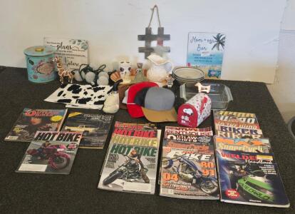 Hot Bike, Outlaw Biker, SuperCycle Vintage Magazine Lot w/ Snoopy Mailbox, Amaretti Tin, Decor