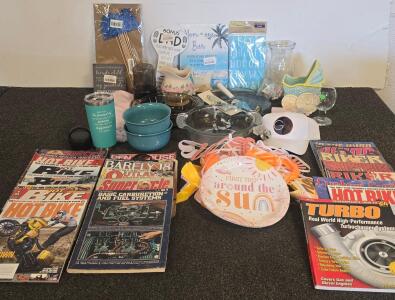 Mixed Household Lot: Motorcycle Magazines, Kitchenware, Decor, Party Supplies, 20+ Items