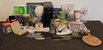 Mixed Lot: Kidisle Coffee Maker, Sunbeam Iron, Knives, Books, Glassware & More
