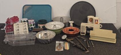Vintage Kitchenware & Office Supplies Lot: Bundt Pans, Wilson Jones Punch, Tools