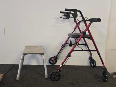 Red 4-Wheel Rollator Walker with Seat & Brakes, Adjustable Aluminum Bath/Shower Bench, 250-300 lb Cap