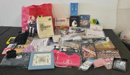 Large Assorted Merchandise Lot, MLB Gifts, Kitchen Tools, Filters, DVD, Apparel, 45+ Items