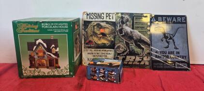 Holiday Traditions Porcelain House, Duck Scrub Brush, Jurassic Park Metal Signs Lot
