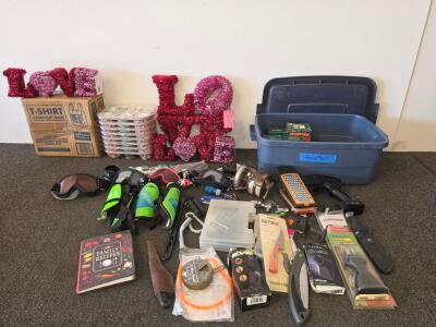 Bulk Lot: Retail Carry-Out Bags, Holiday Decor, Tools, Ornaments, Kitchenware, Sports Gear