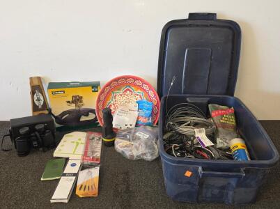 Mixed Lot: Presto Salad Shooter, Bushnell Binoculars, Plates, Melnor Sprinkler, Hardware Bin