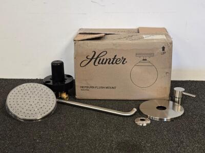 Brushed Nickel Rainfall Shower Fixture Set with Valve and 8-Inch Showerhead, Hunter Hepburn Flush Mount Light