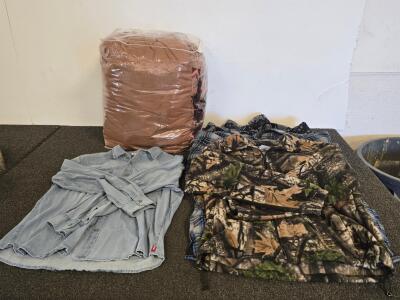 XL Big Mac Denim Shirt & EIG Camouflage Fleece, Sweater, Plaid Shirt, Brown Comforter Lot