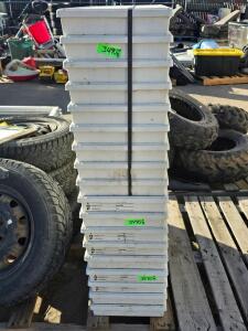 Stack of 18 Industrial Plastic Storage Bins, 24"x16"x6" White Stackable Totes