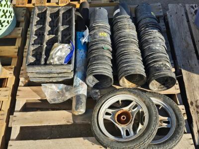 Bulk Lot: 2 Motorcycle Wheels 3.00-17, 6 Plant Trays, 50+ Pots, Lug Nuts, Sleeves
