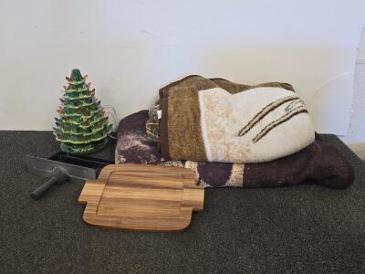 Vintage Ceramic Christmas Tree, 2 Throw Blankets, Wood Cutting Board Lot
