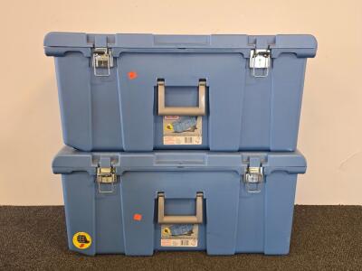 2 Sterilite 1842 Lapis Wheeled Storage Trunks, 31"x17"x13", Blue, Lockable, Stackable