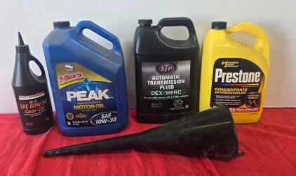 Assorted Automotive Fluids Lot: Peak 10W-30 Oil 5qt, STP Dex/Merc ATF, Prestone Coolant, Gear Oil, Funnel