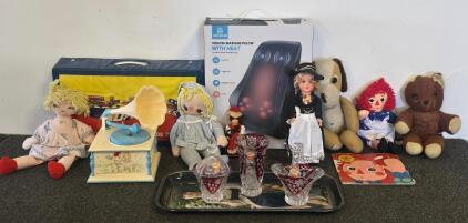 Vintage Collectibles Lot: Raggedy Ann Dolls, Ajka Crystalware, Coca-Cola Tray, COMFIER Massage Pillow