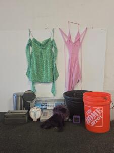 Mixed Lot: Home Depot 5-Gal Bucket, Planter, Vanity Mirrors, Green Top, Pink Dress, Flex & Seal