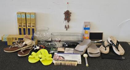 Mixed Lot: Women&rsquo;s Sandals, Cuckoo Clock, Glass Vases, COVID Test, Crafts, and More