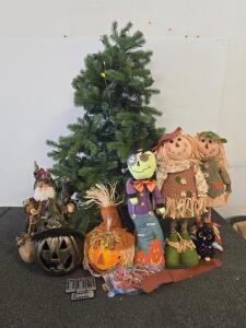Mixed Seasonal Holiday Decorations Lot with 6 ft Artificial Christmas Tree, Remotes, and Figures